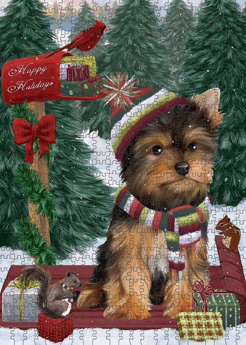 Merry Christmas Woodland Sled Yorkshire Terrier Dog Puzzle with Photo Tin PUZL88404
