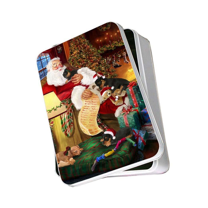 Miniature Pinscher Dog and Puppies Sleeping with Santa Photo Storage Tin