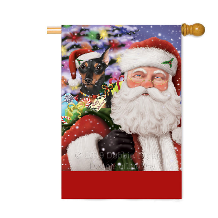 Personalized Santa Carrying Miniature Pinscher Dog and Christmas Presents Custom House Flag FLG-DOTD-A63489