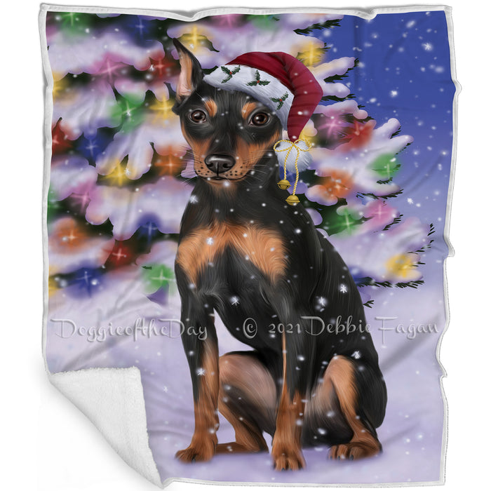 Winterland Wonderland Miniature Pinscher Dog In Christmas Holiday Scenic Background Blanket BLNKT120774