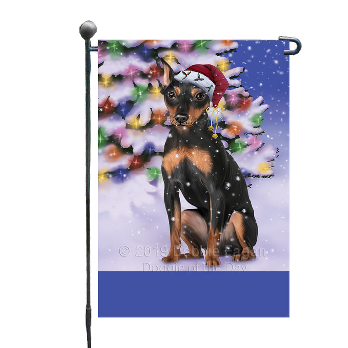 Personalized Winterland Wonderland Miniature Pinscher Dog In Christmas Holiday Scenic Background Custom Garden Flags GFLG-DOTD-A61349