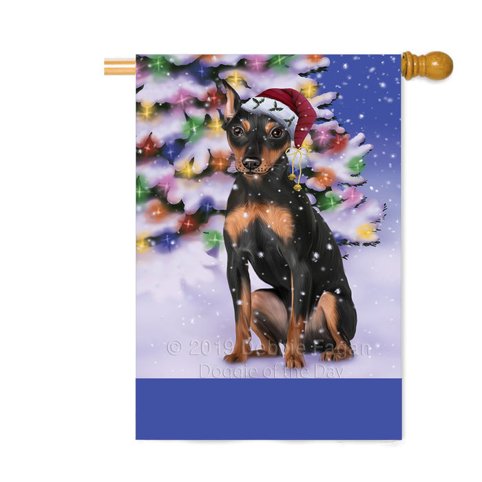 Personalized Winterland Wonderland Miniature Pinscher Dog In Christmas Holiday Scenic Background Custom House Flag FLG-DOTD-A61405