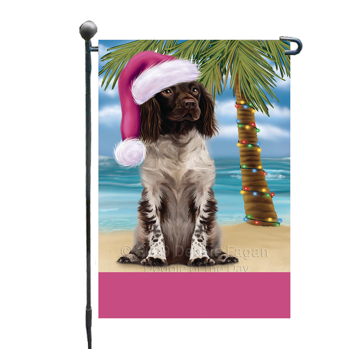 Personalized Summertime Happy Holidays Christmas Munsterlander Dog on Tropical Island Beach  Custom Garden Flags GFLG-DOTD-A60496
