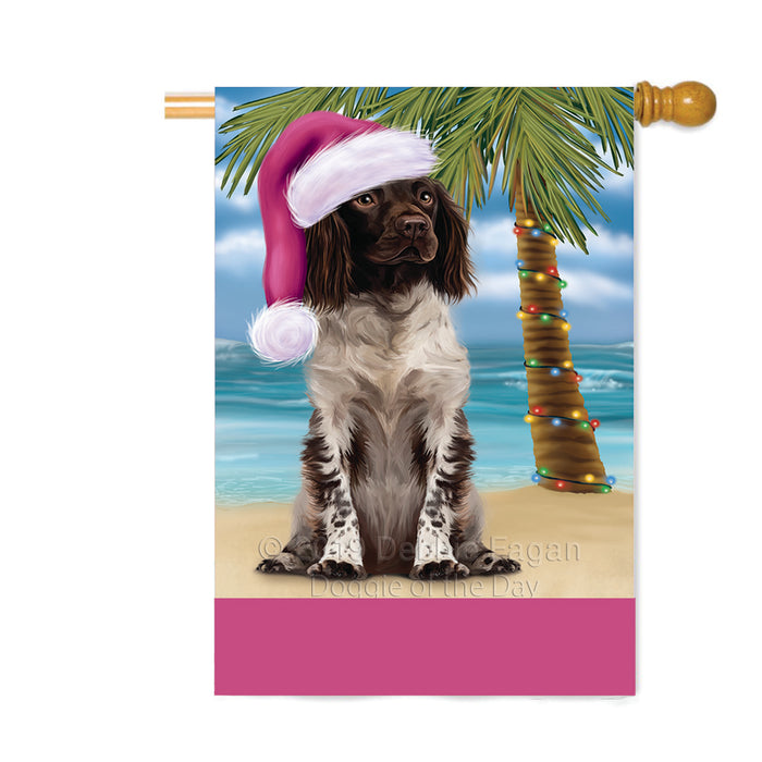 Personalized Summertime Happy Holidays Christmas Munsterlander Dog on Tropical Island Beach Custom House Flag FLG-DOTD-A60552
