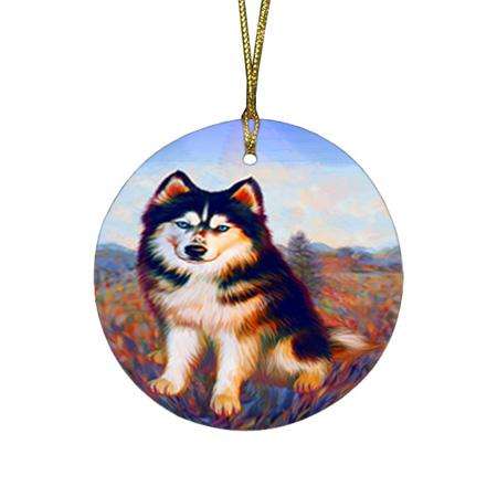 Mystic Blaze Siberian Husky Dog Round Flat Christmas Ornament RFPOR53580