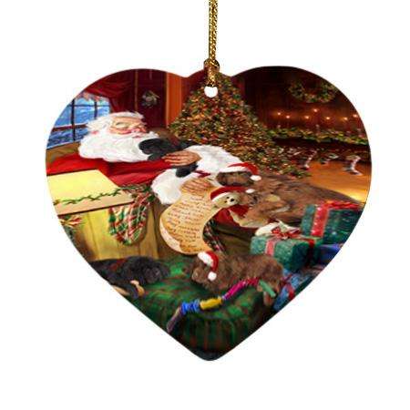 Newfoundland Dogs and Puppies Sleeping with Santa  Heart Christmas Ornament HPOR54515