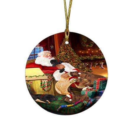 Newfoundland Dogs and Puppies Sleeping with Santa  Round Flat Christmas Ornament RFPOR54506