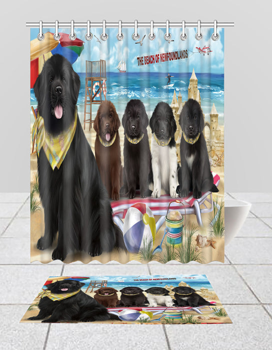 Pet Friendly Beach Newfoundland Dogs Bath Mat and Shower Curtain Combo