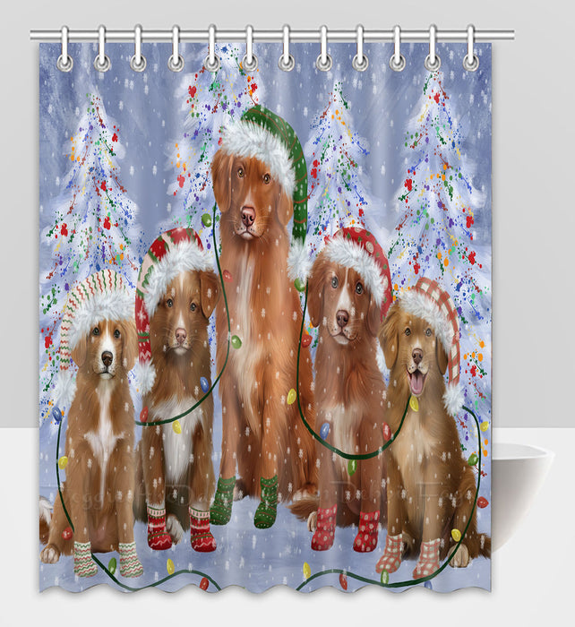 Christmas Lights and Nova Scotia Duck Tolling Retriever Dogs Shower Curtain Pet Painting Bathtub Curtain Waterproof Polyester One-Side Printing Decor Bath Tub Curtain for Bathroom with Hooks
