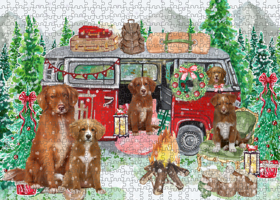 Christmas Time Camping with Nova Scotia Duck Tolling Retriever Dogs Portrait Jigsaw Puzzle for Adults Animal Interlocking Puzzle Game Unique Gift for Dog Lover's with Metal Tin Box