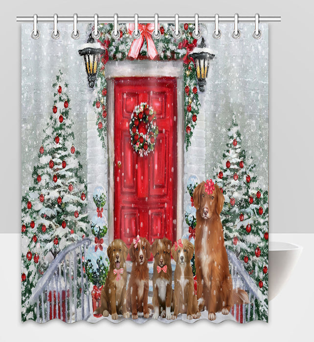 Christmas Holiday Welcome Nova Scotia Duck Tolling Retriever Dogs Shower Curtain Pet Painting Bathtub Curtain Waterproof Polyester One-Side Printing Decor Bath Tub Curtain for Bathroom with Hooks