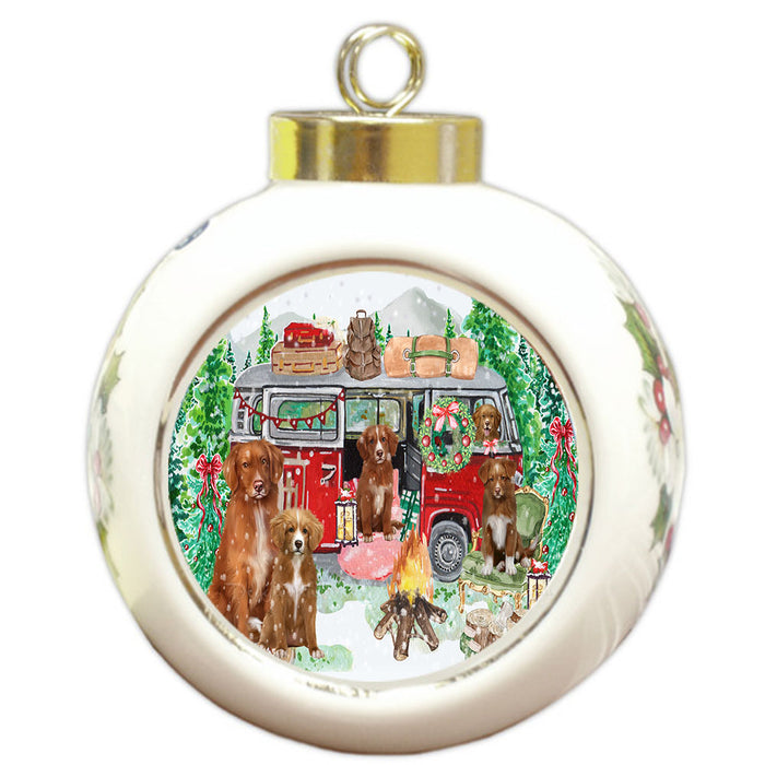 Christmas Time Camping with Nova Scotia Duck Tolling Retriever Dogs Round Ball Christmas Ornament Pet Decorative Hanging Ornaments for Christmas X-mas Tree Decorations - 3" Round Ceramic Ornament