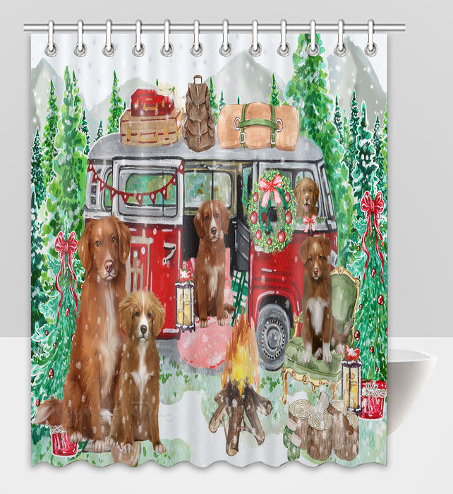 Christmas Time Camping with Nova Scotia Duck Tolling Retriever Dogs Shower Curtain Pet Painting Bathtub Curtain Waterproof Polyester One-Side Printing Decor Bath Tub Curtain for Bathroom with Hooks