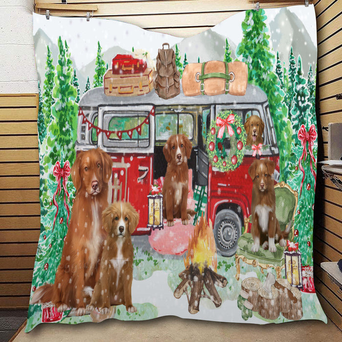 Christmas Time Camping with Nova Scotia Duck Tolling Retriever Dogs  Quilt Bed Coverlet Bedspread - Pets Comforter Unique One-side Animal Printing - Soft Lightweight Durable Washable Polyester Quilt