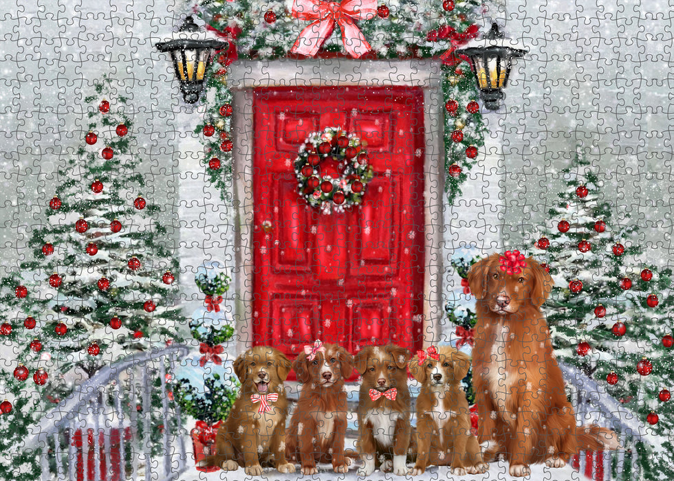 Christmas Holiday Welcome Nova Scotia Duck Tolling Retriever Dogs Portrait Jigsaw Puzzle for Adults Animal Interlocking Puzzle Game Unique Gift for Dog Lover's with Metal Tin Box