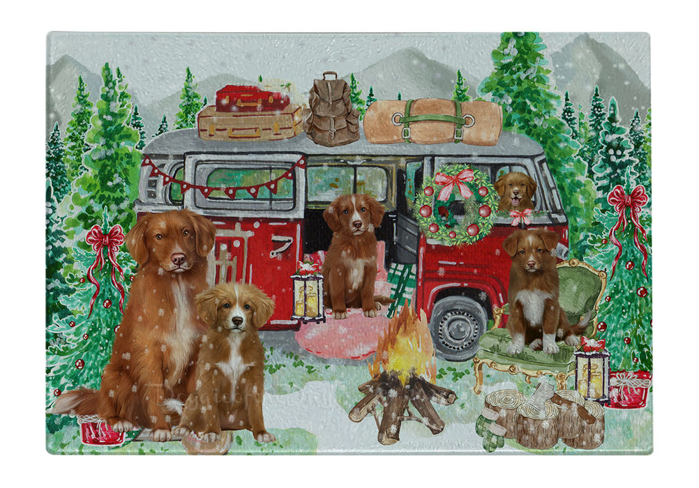 Christmas Time Camping with Nova Scotia Duck Tolling Retriever Dogs Cutting Board - For Kitchen - Scratch & Stain Resistant - Designed To Stay In Place - Easy To Clean By Hand - Perfect for Chopping Meats, Vegetables