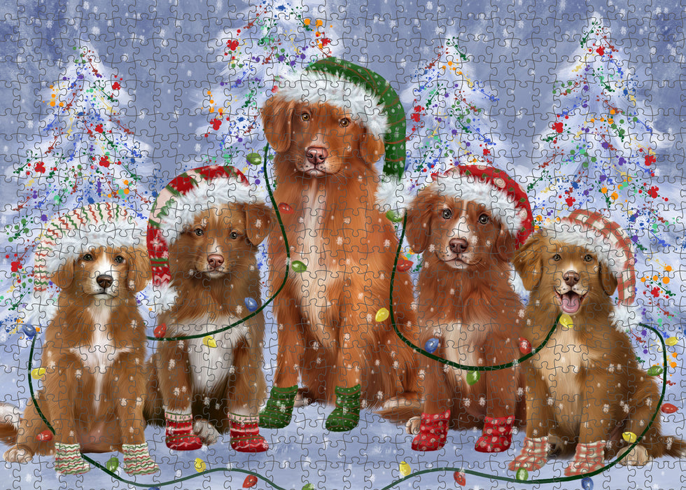 Christmas Lights and Nova Scotia Duck Tolling Retriever Dogs Portrait Jigsaw Puzzle for Adults Animal Interlocking Puzzle Game Unique Gift for Dog Lover's with Metal Tin Box