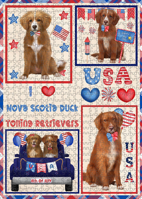 4th of July Independence Day I Love USA Nova Scotia Duck Tolling Retriever Dogs Portrait Jigsaw Puzzle for Adults Animal Interlocking Puzzle Game Unique Gift for Dog Lover's with Metal Tin Box