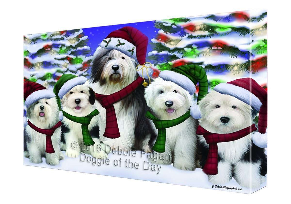 Old English Sheepdog Dog Christmas Family Portrait in Holiday Scenic Background Canvas Wall Art