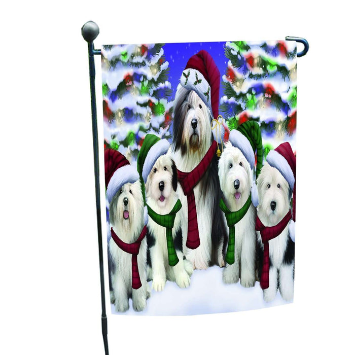 Old English Sheepdog Dog Christmas Family Portrait in Holiday Scenic Background Garden Flag