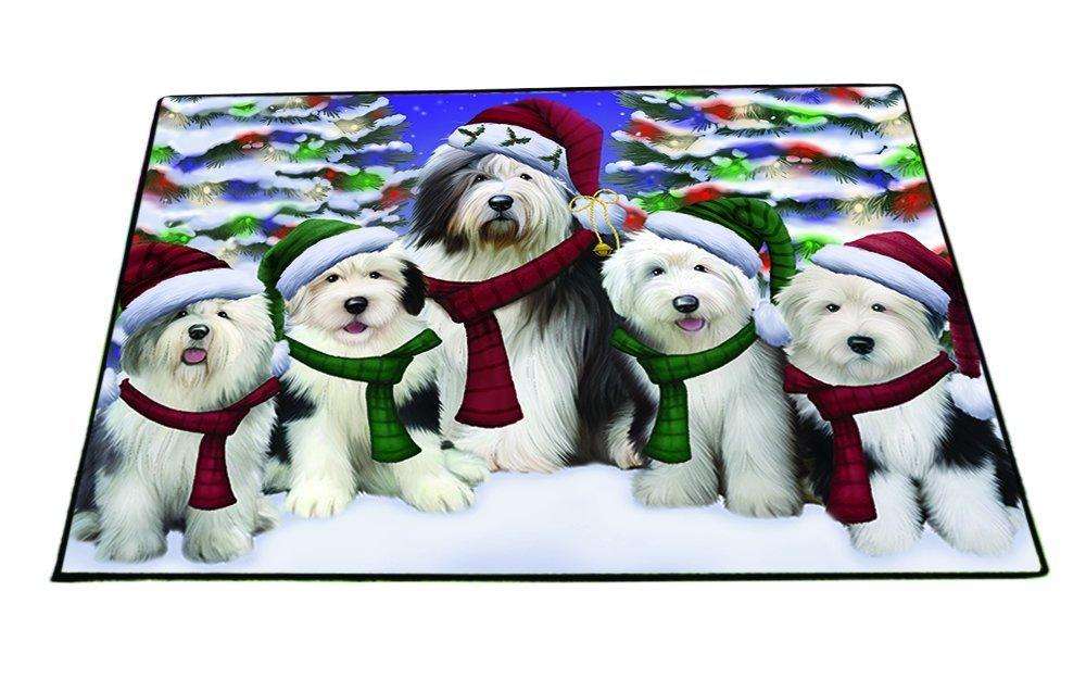 Old English Sheepdog Dog Christmas Family Portrait in Holiday Scenic Background Indoor/Outdoor Floormat