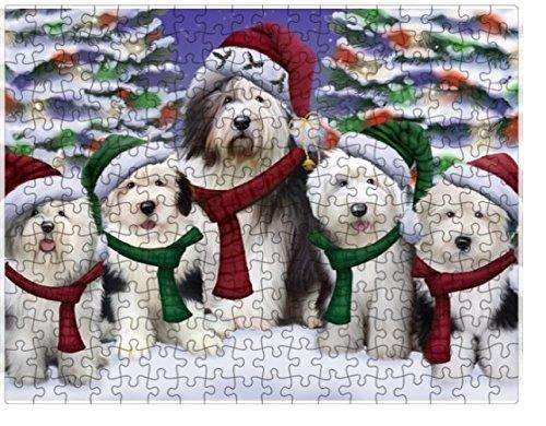 Old English Sheepdog Dog Christmas Family Portrait in Holiday Scenic Background Puzzle with Photo Tin (300 pc.)