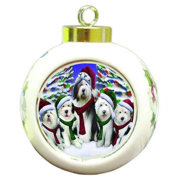 Old English Sheepdog Dog Christmas Family Portrait in Holiday Scenic Background Round Ball Ornament D153