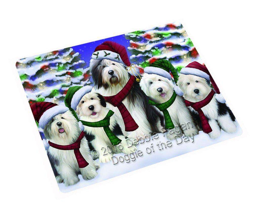 Old English Sheepdog Dog Christmas Family Portrait in Holiday Scenic Background Tempered Cutting Board