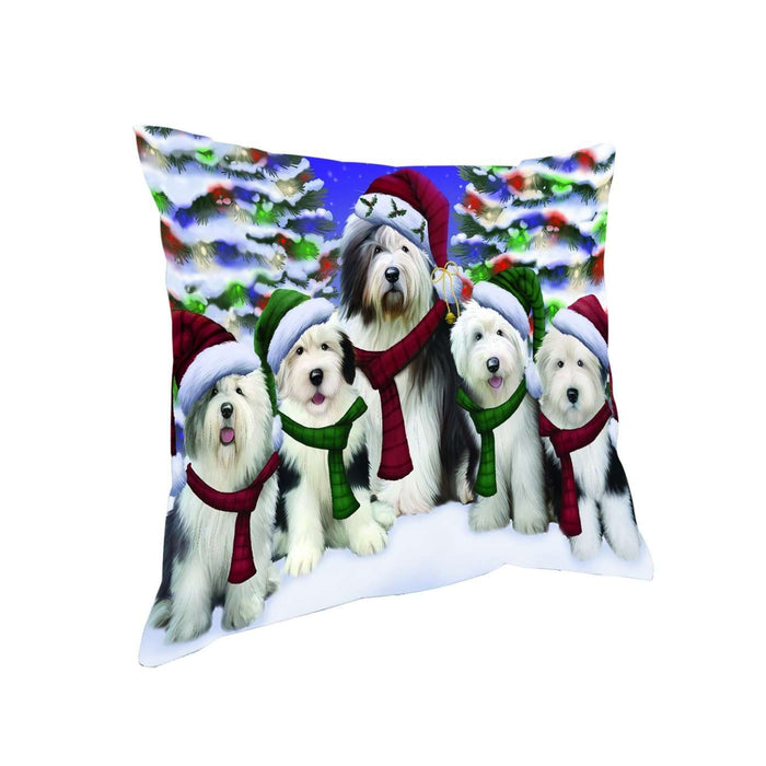 Old English Sheepdog Dog Christmas Family Portrait in Holiday Scenic Background Throw Pillow