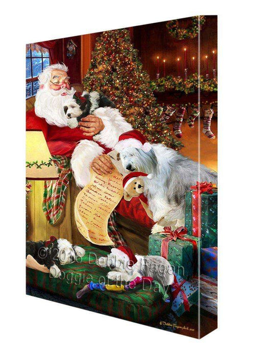 Old English Sheepdog Dogs and Puppies Sleeping with Santa Canvas Wall Art