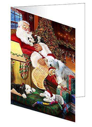 Old English Sheepdog Dogs and Puppies Sleeping with Santa Handmade Artwork Assorted Pets Greeting Cards and Note Cards with Envelopes for All Occasions and Holiday Seasons