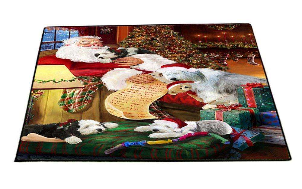 Old English Sheepdog Dogs and Puppies Sleeping with Santa Indoor/Outdoor Floormat
