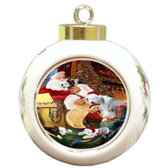 Old English Sheepdog Dogs and Puppies Sleeping with Santa Round Ball Christmas Ornament D464