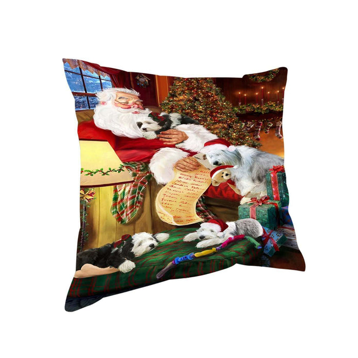 Old English Sheepdog Dogs and Puppies Sleeping with Santa Throw Pillow