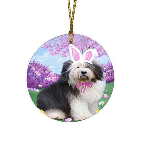Old English Sheepdog Easter Holiday Round Flat Christmas Ornament RFPOR49182