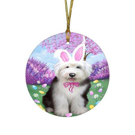 Old English Sheepdog Easter Holiday Round Flat Christmas Ornament RFPOR49184