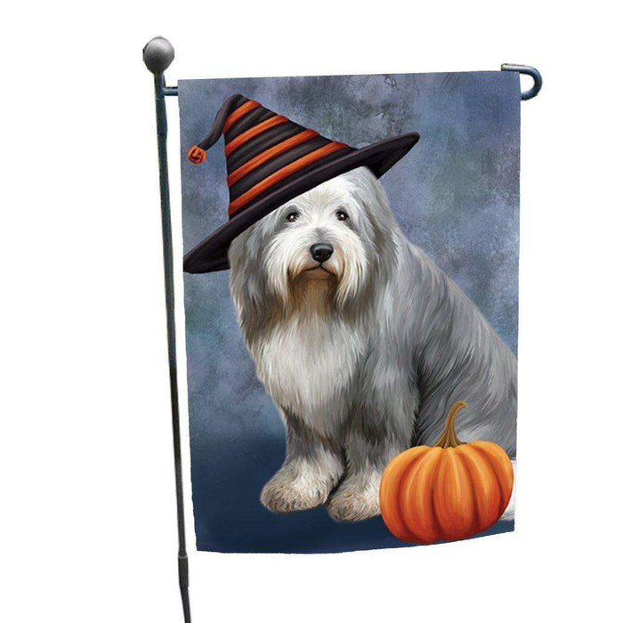 Old English Sheepdog Wearing Witch Hat with Pumpkin Garden Flag