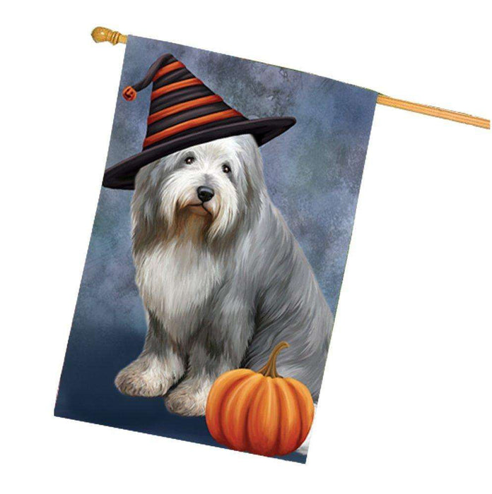 Old English Sheepdog Wearing Witch Hat with Pumpkin House Flag
