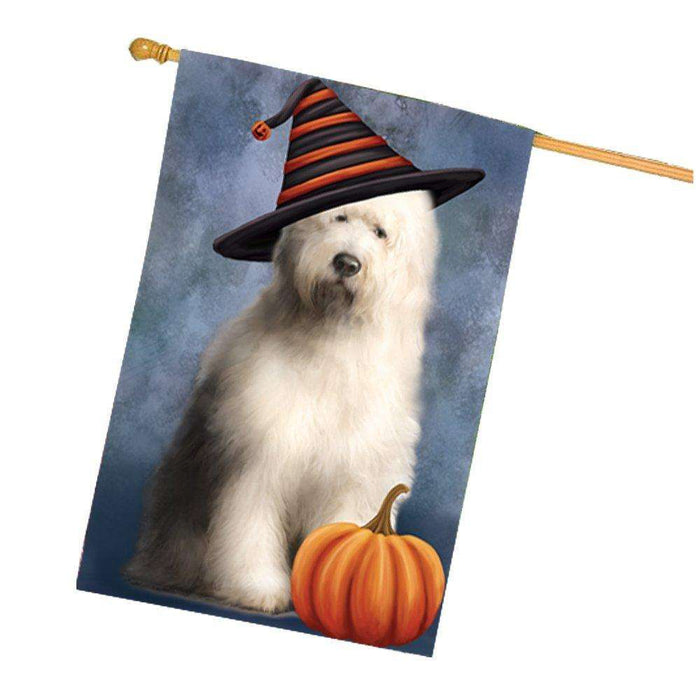 Old English Sheepdog Wearing Witch Hat with Pumpkin House Flag