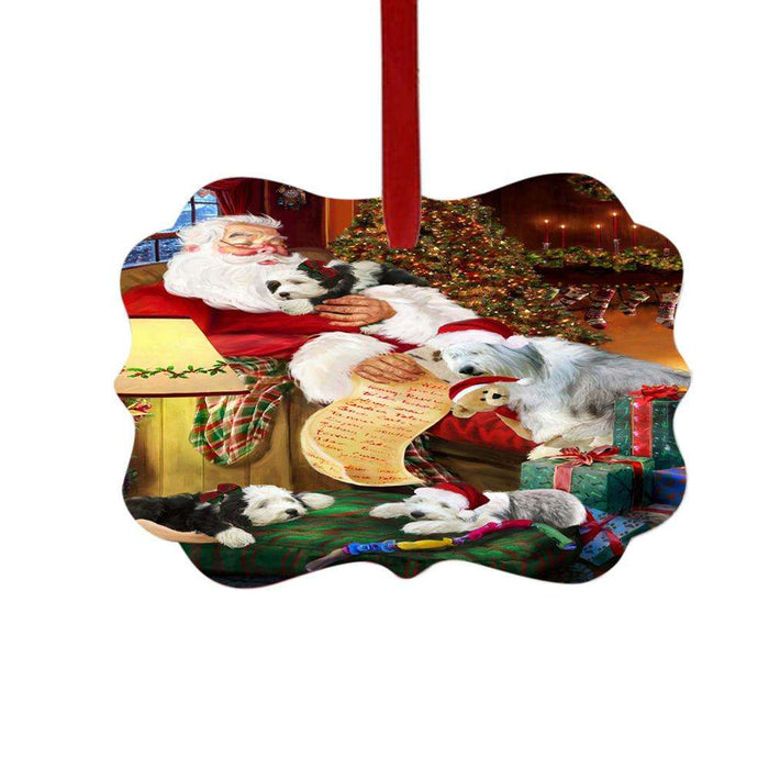 Old English Sheepdogs and Puppies Sleeping with Santa Double-Sided Photo Benelux Christmas Ornament LOR49300