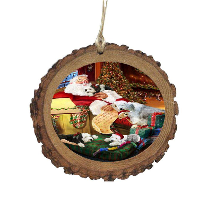 Old English Sheepdogs and Puppies Sleeping with Santa Wooden Christmas Ornament WOR49300