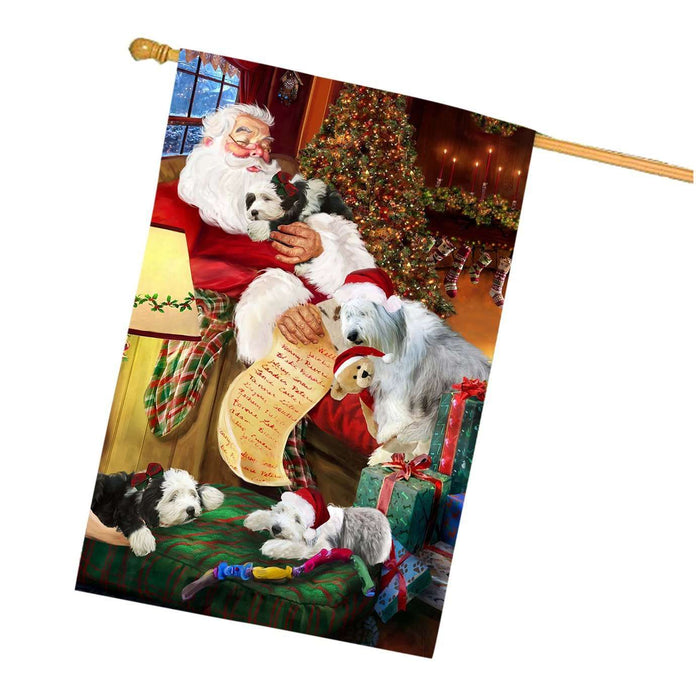 Old English Sheepdogs Dog and Puppies Sleeping with Santa House Flag