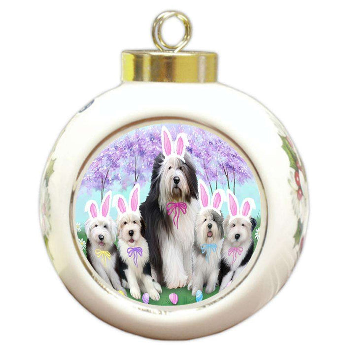 Old English Sheepdogs Easter Holiday Round Ball Christmas Ornament RBPOR49192