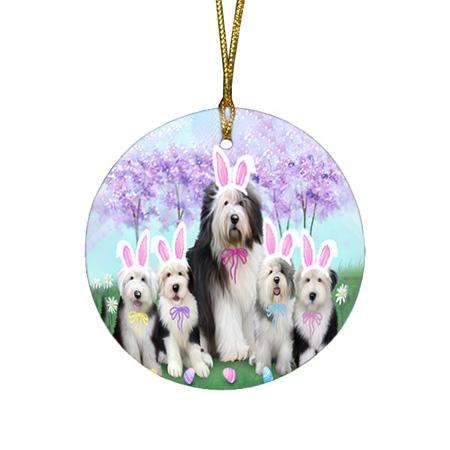Old English Sheepdogs Easter Holiday Round Flat Christmas Ornament RFPOR49183