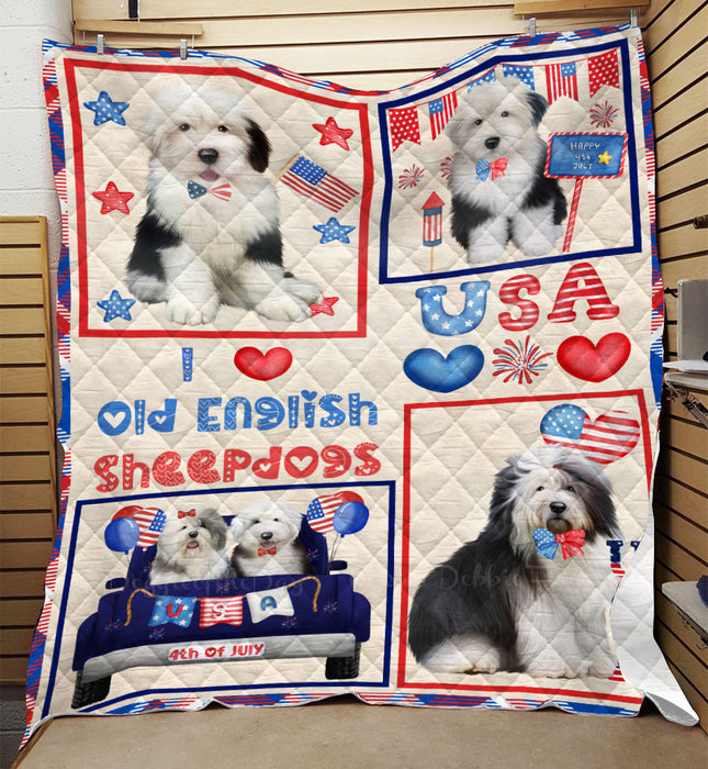 4th of July Independence Day I Love USA Old English Sheepdogs Quilt Bed Coverlet Bedspread - Pets Comforter Unique One-side Animal Printing - Soft Lightweight Durable Washable Polyester Quilt