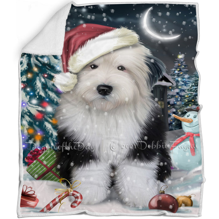 Have a Holly Jolly Christmas Old English Sheepdog Dog in Holiday Background Blanket D190