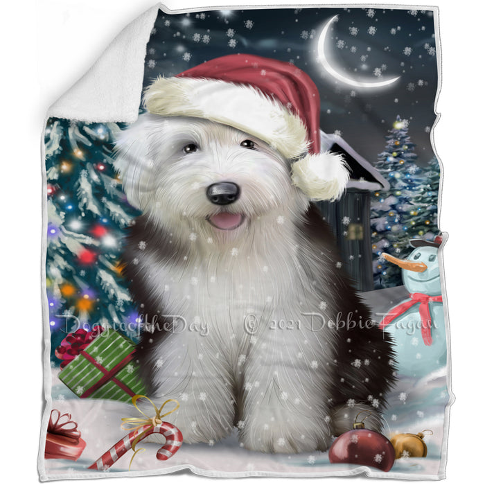 Have a Holly Jolly Christmas Old English Sheepdog Dog in Holiday Background Blanket D191