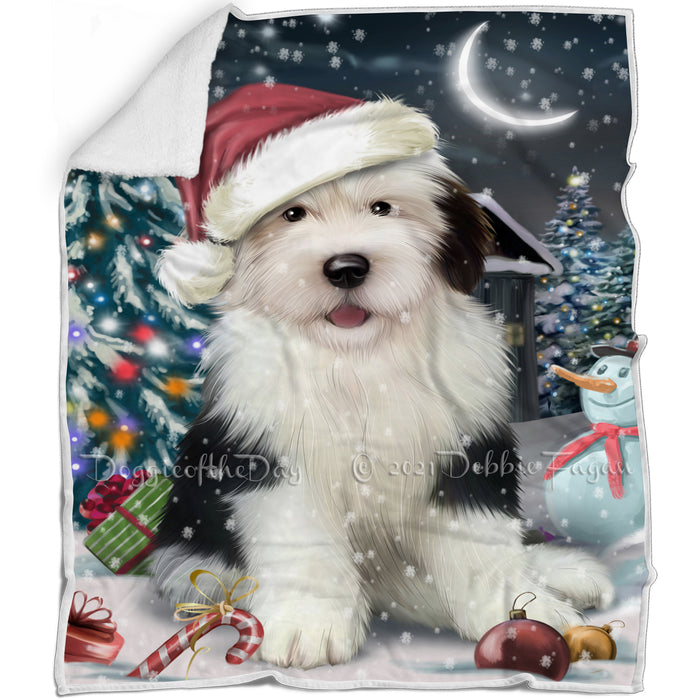 Have a Holly Jolly Christmas Old English Sheepdog Dog in Holiday Background Blanket D192