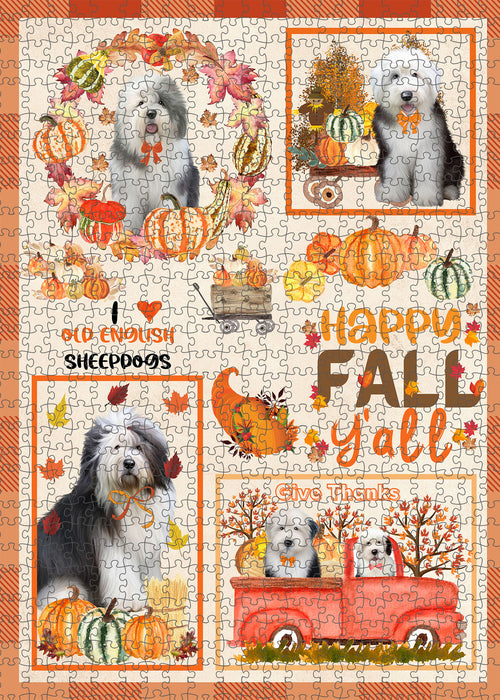 Happy Fall Y'all Pumpkin Old English Sheepdogs Portrait Jigsaw Puzzle for Adults Animal Interlocking Puzzle Game Unique Gift for Dog Lover's with Metal Tin Box