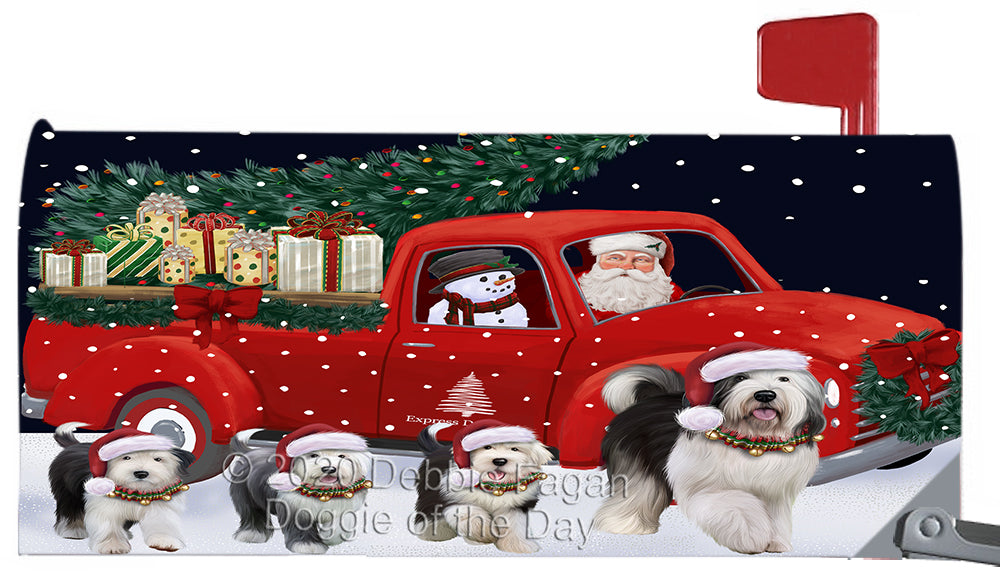 Christmas Express Delivery Red Truck Running Old English Sheepdog Magnetic Mailbox Cover Both Sides Pet Theme Printed Decorative Letter Box Wrap Case Postbox Thick Magnetic Vinyl Material